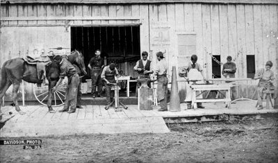 Indian Training School, Forest Grove, Oregon: Blacksmithing, 1882 by Isaac Grundy Davidson
